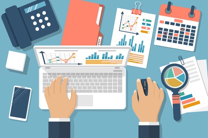 Working with financial papers. Accounting concept. Organization process, analytics, research, planning, report, market analysis. Flat style vector. Man at table with documents.